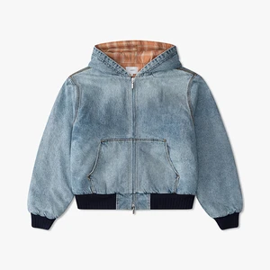 Oversized Acid Wash Denim Hoodie Men Plaid Flannel Lined Double Zip Up Heavyweight Boxy Fit Vintage Workwear Jacket Bulk