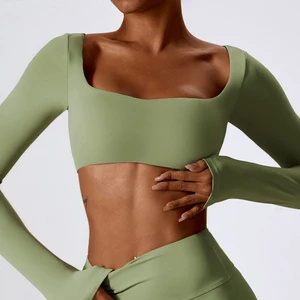 SHINBENE High Elastic Fitness Crop Top Women Long Sleeve Square Neck Top Padded Workout Yoga Tight Tops