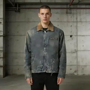 Wholesale Custom 420 Grams Spring Vintage Men's Embroidered Front Logo Patch Oversize Denim Zipper Jacket