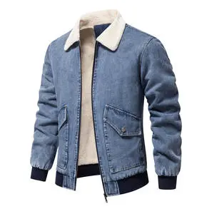 OEM Service Stylish Men's Blue Jeans Jacket Coat With Fur Zipper up Elastic Cuff Cotton Made Streetwear