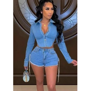 Denim Casual Set Sexy Backless Hollow Out Skirt Sets Women 2 Piece Outfits Women Denim Shorts Set