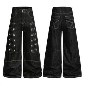 Wide-leg Dark Denim Men's Jeans Heavy Metal Wicker Decorative Design Personalized Niche Hip-hop Trendy Floor-length