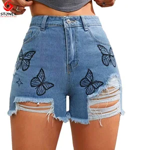 High Quality Women Casual Blue Denim Shorts High Waist Distressed Jean Shorts Fashion Street Style Summer Apparel OEM