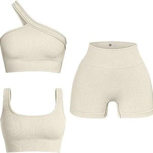 Custom Logo Plus Size 3 Piece Set Women's Yoga Suit Shorts Elastic Waist Polyester/Nylon Fitness Sportswear Workout Athletic