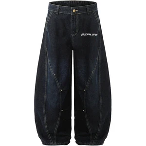 Custom Men Black Wide Leg Jeans Pants Cotton Printing Embroidered Harem Denim Pants Zippers Pocket Casual Baggy Streetwear Pants