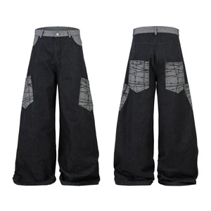 High Quality Gray Patchwork Design Loose Fit Wide Leg Pants Fashion Streetwear Casual Trousers Men's Black Denim Jeans
