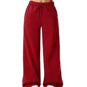 Top Quality Women Red Wide Leg Pants Elastic Drawstring Waist Relaxed Fit Trousers Soft Flowy Casual Bottom Wear Custom OEM