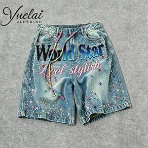 Manufacturer Customized Distressed Embroidery Crystal Rhinestone Decoration Jorts Street Style Hip Hop Men's Denim Shorts
