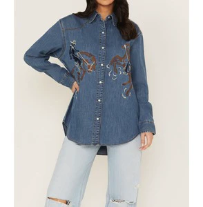 Women's Retro Western Style Denim Shirt Cowboy Horse Embroidery Loose Fit Casual Long Sleeve Blouse
