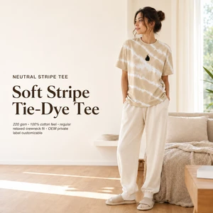 HuaYi GOTS&OEKO-TEX Custom Stripe Tie-Dye T-shirt, Neutral Earth Tone Artisanal Washed Tees, OEM ODM Women's Home Daily Apparel