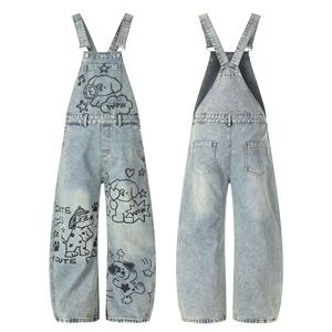 Womens Denim Overalls Jumpsuits Cute Cartoon Dog Print Selvedge Denim OverallsLight Wash Y2K Streetwear Jeans Coveralls