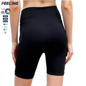 Knee-High Yoga Pants Shorts Cross V-Shaped High Elastic Waist Closure Print Pattern Pockets Both Sides Sweat-Wicking