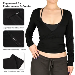 Women Long Sleeve Wrap Yoga Top Deep V Neck Tie Waist Cropped Workout Breathable Quick Dry Spandex/Nylon Soft Stretchy Moonwell