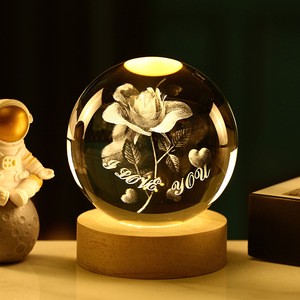 Natural Wood LED Lamp Base with Rose Crystal Ball USB Port Floral Design Message 'I Will Always Be There'-Night Light