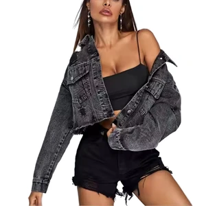 Custom Wholesale Loose Cropped Jeans Denim Long Sleeve With Raw Frayed Short Women's Denim Jacket for Ladies
