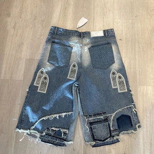 2026 New Design Custom High-quality Y2K Fashionable Men's Streetwear Blue Washed Printed Soft and Casual Baggy Denim Shorts