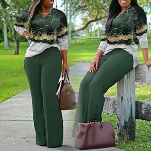 Yuhong Yuhong Spring Fall New Plus Size Women Clothing Ladies Casual Long Sleeve Printing T Shirt Top Pants Two Piece Women's Se
