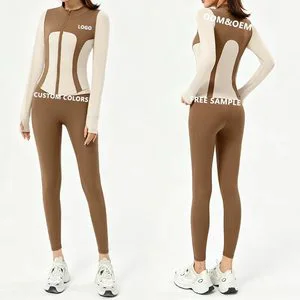 CustomLogo Front Solid Naked Feeling Yoga Set 2 Piece Women Color Block Zipper Top Mid Waist Leggings Gym Fitness Workout