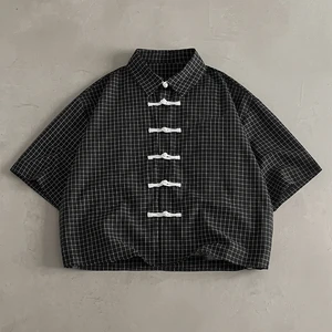 TOPSHOW Retro Chinese Style Tang Suit Check Shirts Men Plaid Knot Button Short Sleeve Casual Loose Cop Tops Blouse