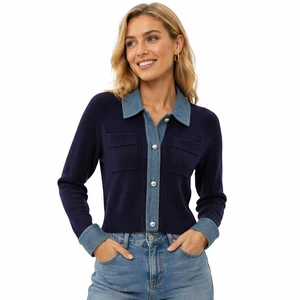 High Quality Custom Cotton/Acrylic denim Patchwork Casual Women's Cardigan Button Autumn Winter OEM ODM Manufacturers Factory
