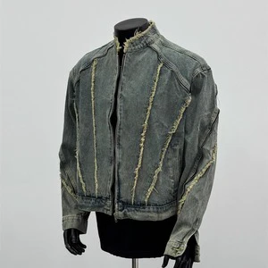 New Arrival Autumn Vintage Washed Frayed Stand Collar Crop Men's Denim Jacket