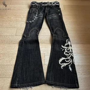 Women's Fashion Hot Girl Embroidered Denim Mid Straight Y2K Washed Bell Bottom Jeans for Women Vintage Style