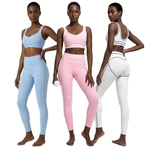 Women Striped Color Contrast Yoga Set High Waist Leggings 4-Way Stretch Breathable Sports Suit Wholesale
