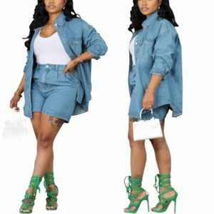 Cross Border European and American Autumn Women's Denim Suit Jacket Jacket Denim Shorts Two-piece Set