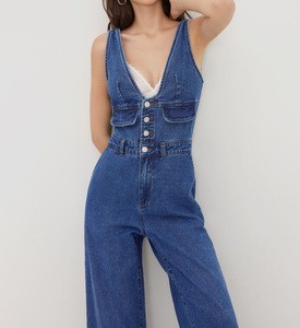 Women's Blue Denim Backless Wide Leg Jumpsuit, Deep V Neck Button Front Sleeveless Casual Streetwear Overalls