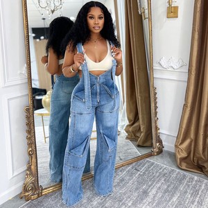 IHOOV Loose Denim Multiple Pockets zipper Closure cargo pants women jeans Women's Jumpsuits