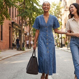 Women Medium Wash Vertical Seam Denim Maxi Flare A-Line V Neck Short Sleeve Full Gold Button Front Casual Jean Summer Custom