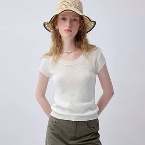 VEGA CHANG Women's Casual Light Purple Sheer Knit Top Cap Sleeve Round Neck Loose Fit Summer Knit Shirt Wholesale