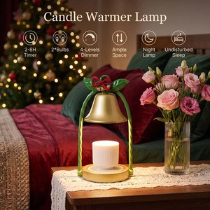 Christmas Bell Candle Warmer Lamp With Green Metal Rod, Timer Dimmer For Home Decor