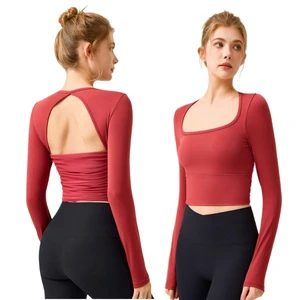 Breathable Pleated Mesh Backless Long Sleeves Sports Crop Top Square Neck Workout Shirts Shockproof Fitness Yoga Top Women
