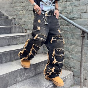 New Style Men's Denim Wide Leg Jeans Pants Fashion Explosion Stretch Patch Men's Jeans
