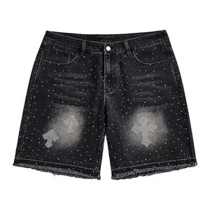 : Premium Quality Men Denim Shorts 100% Cotton Breathable Casual Slim Fit Denim Rhinestone Shorts Stylish Summer Streetwear Logo
