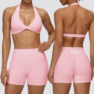 Women's 2-Piece Yoga Outfit Twist-Front Halter Sports Bra & High Waist Biker Shorts Set Roupa De Academia