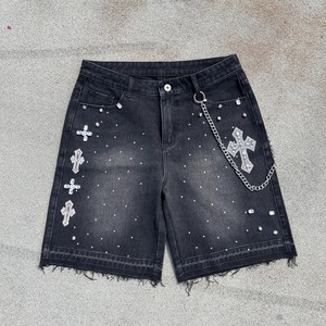 Custom Streetwear Men All Print Dirty Mud Acid Wash Skate Diamond Rhinestone Distressed Denim Jeans Shorts