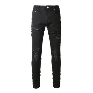 High Quality Designer Men's Slim Fit Scratched Destroyed Jeans Black Patch Homme Denim Trousers Wholesale Hip Hop Vintage Style