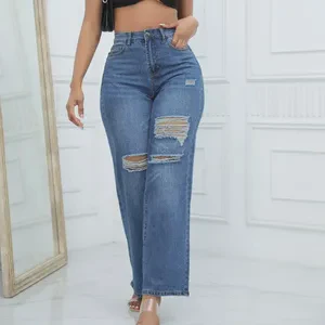 Women's Draping Straight Leg Mid Waist Stretch Hole Denim Trousers Button Pocket Jeans Femininos