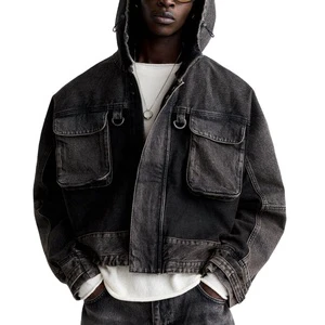 Custom Logo High Quality Casual Patch Pocket Spliced Hooded Embroidery Print Button Vintage Washing Denim Jacket Coat Men
