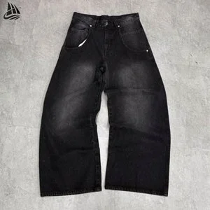 Washed Wide Leg Curved Denim Jeans Baggy Men Women Balloon Fit Contrast Stitching Pleated Trousers Fashion Classic Simple