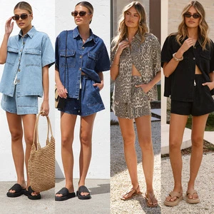 2025 Summer European American Foreign Trade Women's Casual Loose Pocket Short-sleeved Shirt Denim Two-piece Suit