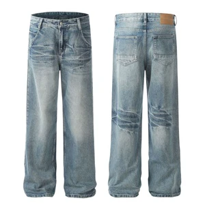 Light Blue Washed Denim Trousers Fashion Streetwear Distressed Wide Leg Pants High Quality Men's Loose Fit Jeans