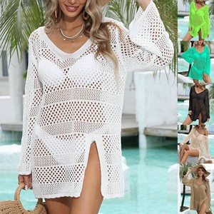 Factory Summer Women Casual Knitted Beach Party Dress Beach Cover up Long Sleeves Slit Crochet Dress Bikini Cover Ups