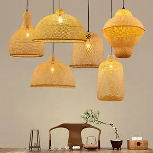 Vintage Nordic Retro Beautiful Round Handmade Rattan Shade Wood Bamboo Hanging Chandeliers Island Resort Led Pendant Lamp