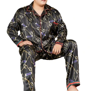 YYK Men's Plus Size Satin Silk Knitted Digital Printed 3X-5XL 2-Piece Breathable Cardigan Pajamas Long Sleeved Trousers All