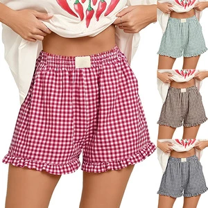 Women Breathable Loose Mid Elastic Waist Ruffle Plaid Sleep Shorts With Pockets Casual Loungewear