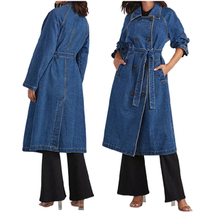 Trendy Denim Women Long Sleeve Lapel Double Breasted Women's Denim Jackets Coats Windbreaker With Pocket and Belt
