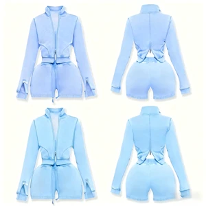 Women 2 Piece Tracksuit Set Custom Stand Collar Zip-Up Cropped Jacket Back Zipper Split Cuffs Shorts Sporty Streetwear Outfit